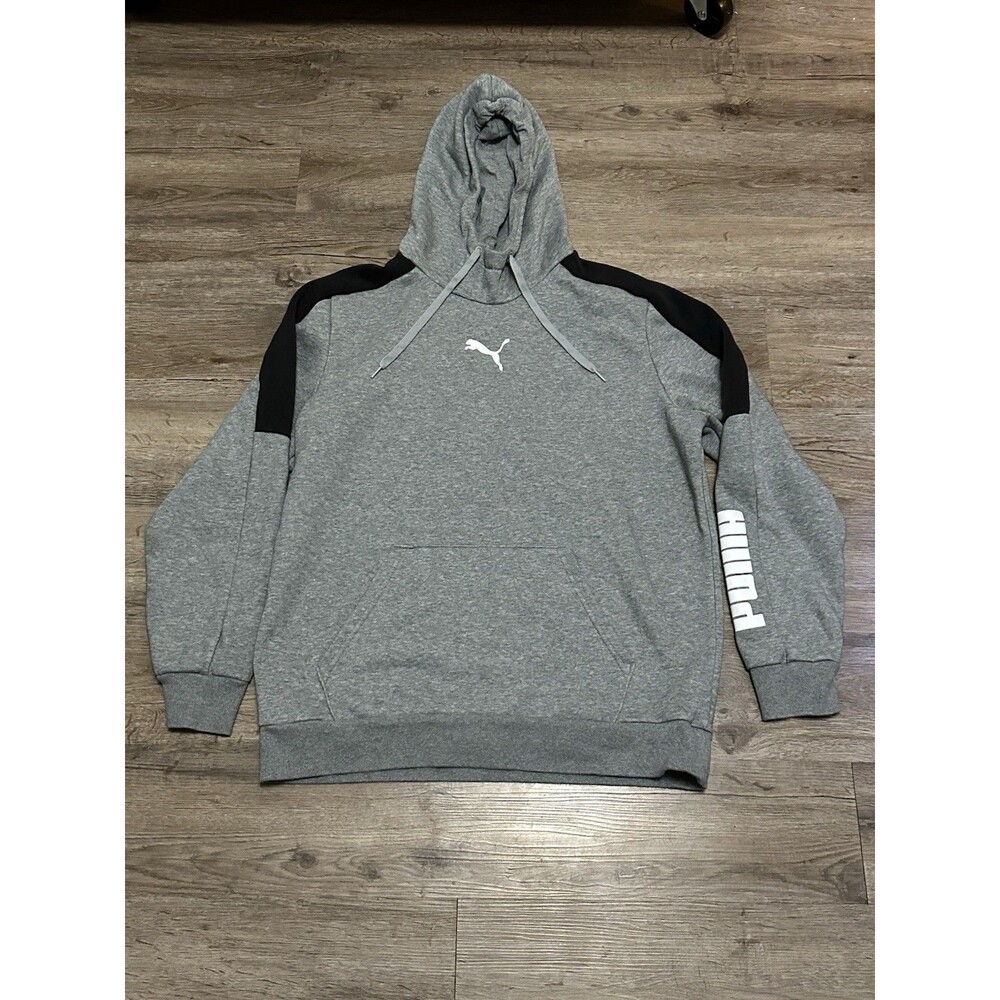 PUMA Men Sports Neck Cover Hoodie Grey Black Stripe Size L Gym Sweatshirt‎